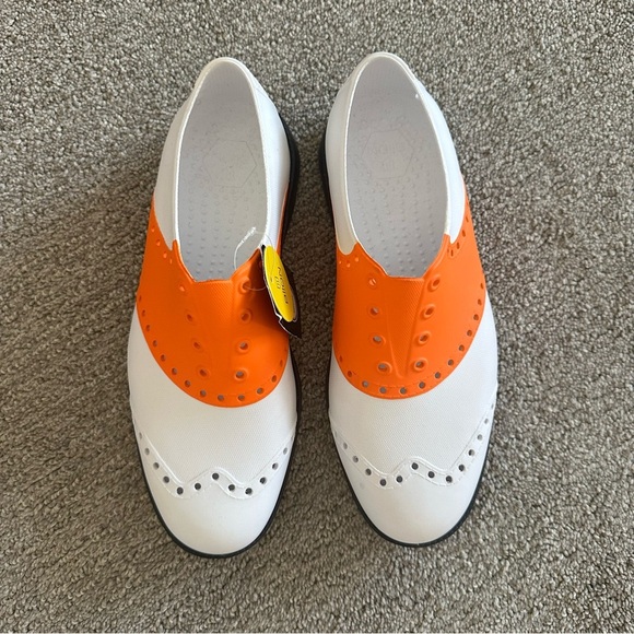 Biion The Oxford Mens 4 Women's 6 Spike-less Saddle Golf Shoes White Orange - Picture 3 of 7
